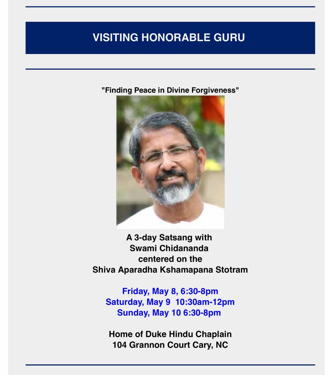 Finding Peace in Divine Forgiveness — Satsang with Swami Chidananda, Cary NC, May 8–10 2026
